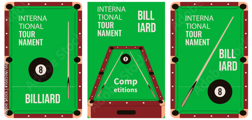 Set vertical Billiard tournament ads vector placard cover template design. International pool poster cover collection. Abstract Pool table cue and ball. Perfect for championship ads for flyer. EPS 10