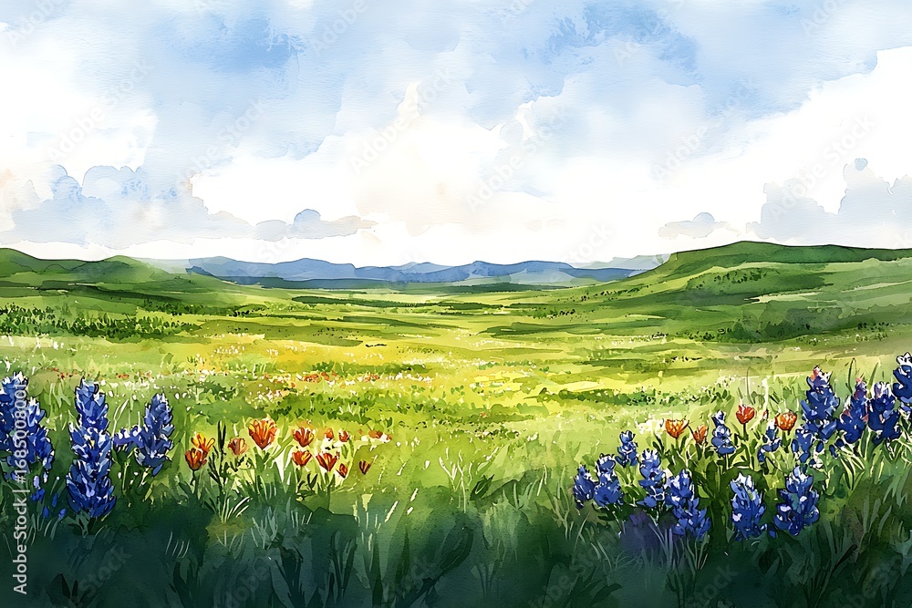 Obraz premium Vibrant Texas Wildflowers Blooming in a Rolling Green Landscape.