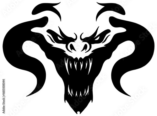 Halloween demon with big horns opens mouth with sharp teeth