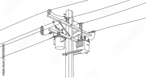 Utility pole with transformer drawing, power pole sketch with electrical components, detailed black and white line art, engineering illustration