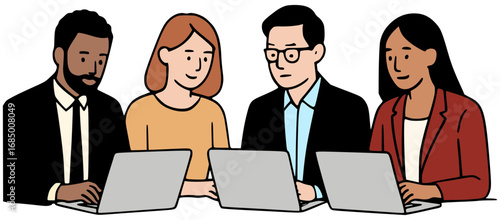 Business team working together. Illustration of teamwork in office using laptops