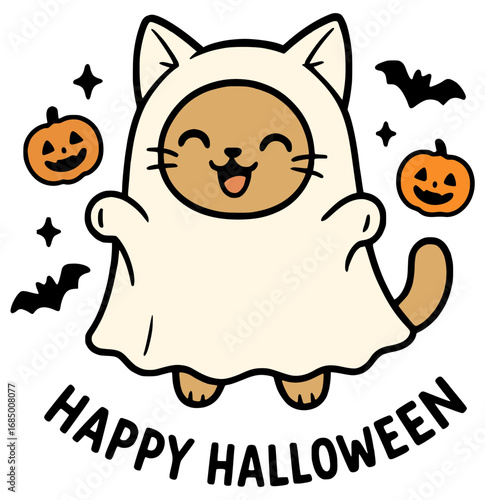 Halloween ghost cat in a sheet with pumpkins and a bat