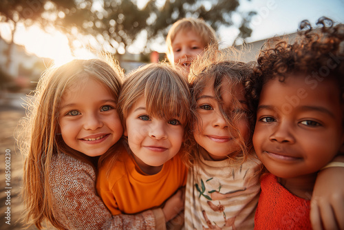 Four adorable children of different ethnicities sharing warm group hug, displaying pure happiness and friendship. Multicultural diversity celebrates unity with natural copy space lighting