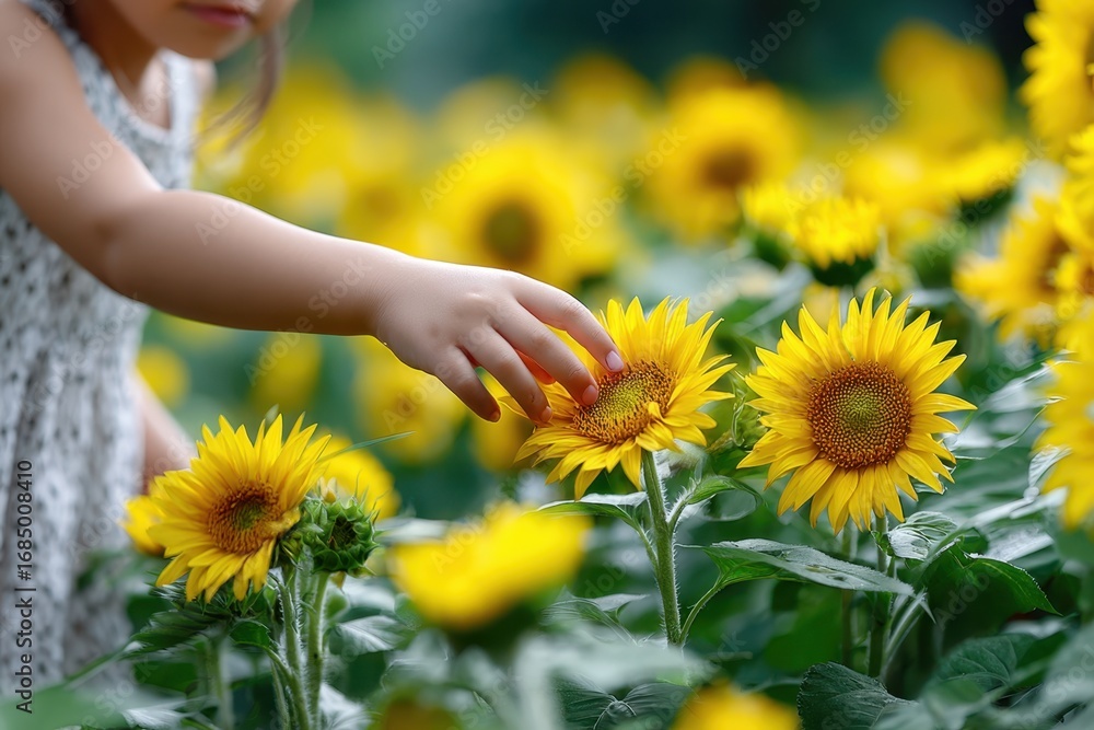 Fototapeta premium Child picking a sunflower in a vibrant field on a sunny day