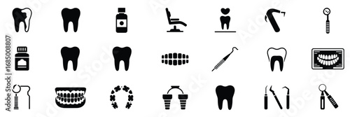 Dental Care Icon Set – Black Silhouette Symbols for Oral Health, Tools, and Procedures