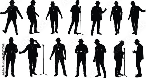 Silhouette of stylish man with hat, necklace, microphone stand, performing poses, singer entertainer, casual lifestyle, music stage performance art