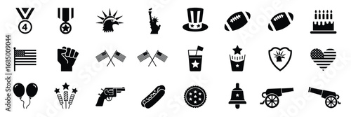 American Culture Icon Set – Black Silhouette Symbols for Patriotism, Celebration, and National Identity
