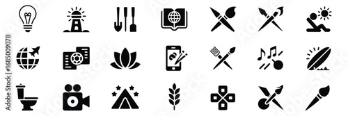 Lifestyle & Activity Icon Set – Black Silhouette Symbols for Creativity, Wellness, Travel, and Entertainment