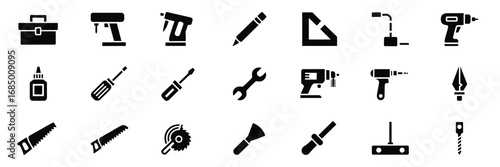 Tool & Hardware Icon Set – Black Silhouette Symbols for DIY, Construction, and Workshop Equipment