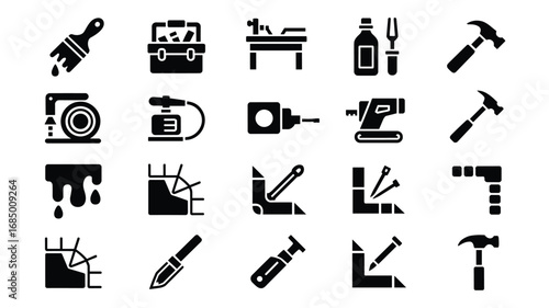 Tool & Hardware Icon Set – Black Silhouette Symbols for DIY, Construction, and Workshop Equipment