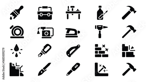 Tool & Hardware Icon Set – Black Silhouette Symbols for DIY, Construction, and Workshop Equipment