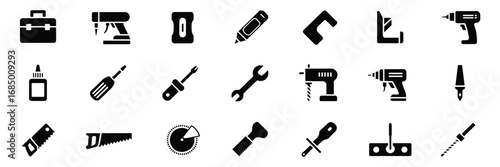 Tool & Hardware Icon Set – Black Silhouette Symbols for DIY, Construction, and Workshop Equipment