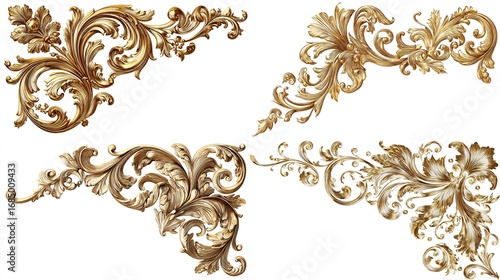 Four ornate gold corner embellishments, detailed with stylized foliage and flourishes