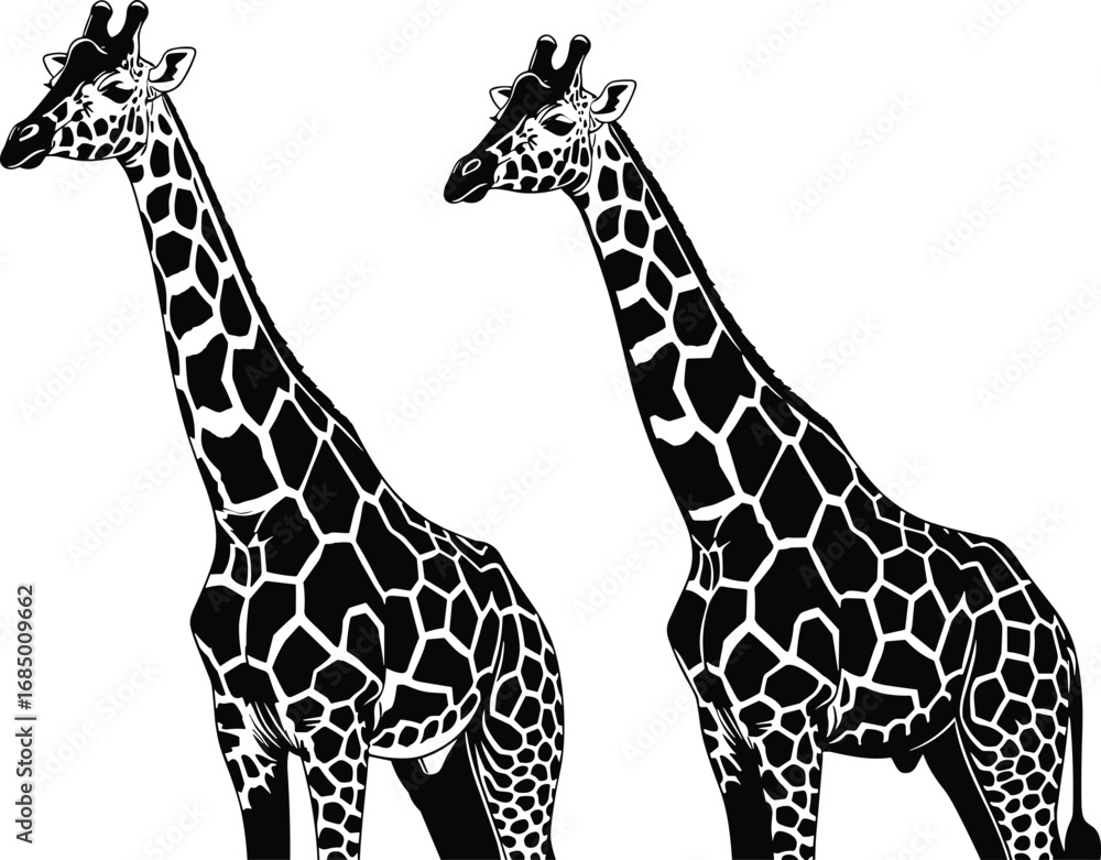 Fototapeta premium Giraffe silhouette vector, black and white animal illustration, stylized wildlife design, artistic giraffe pattern, safari theme art, editable SVG format