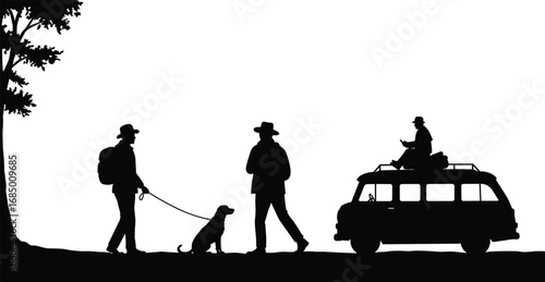 Silhouette of travelers walking dog, man sitting on car roof with luggage, outdoor road trip, camping adventure, travel lifestyle journey
