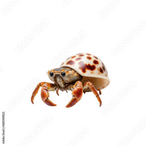 Close Up of a Hermit Crab in Spotted Shell on Transparent Background