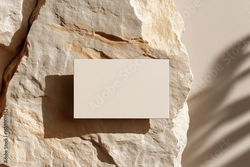 Premium business card mockup on soft textured stone background, elegant natural light, soft warm shadows