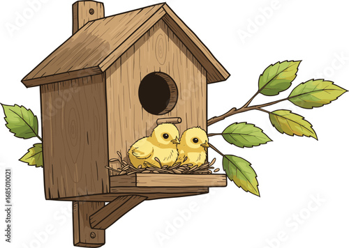 Wooden birdhouse with baby chicks, nesting birdhouse design, outdoor bird shelter, nature-inspired decor, rustic birdhouse, springtime nest