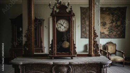 Antique pendulum clock on marble mantelpiece with ornate frame and tapestry in vintage interior.
