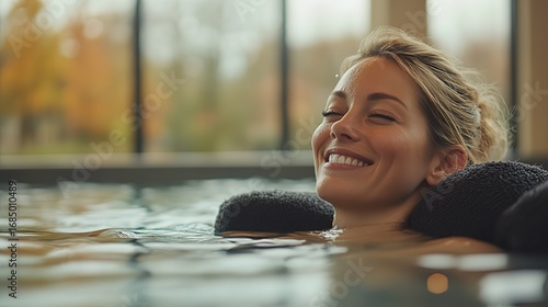 Relaxed Woman Enjoying Soak in Indoor Pool with Autumn View 