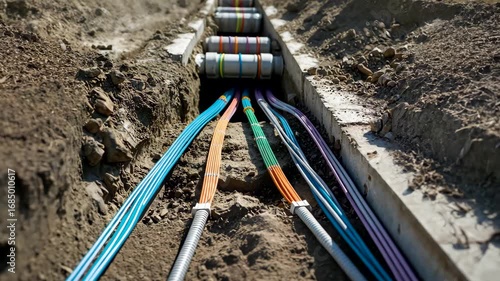 Multiple underground fiber optic cables of various colors installed in construction trench for telecommunication network