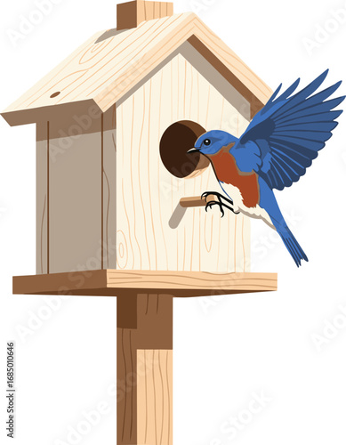 wooden birdhouse, bluebird flying, birdhouse with perch, nesting box, backyard birdhouse, bird feeder, wooden aviary, natural bird habitat