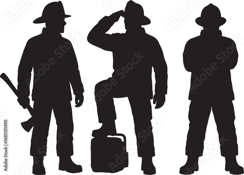 Firefighter Silhouettes Vector Illustration of Firemen in Uniform with Helmet and Axe