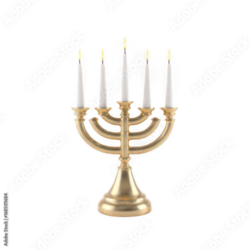 Golden Seven Branched Candlestick with Lit Candles on White Background