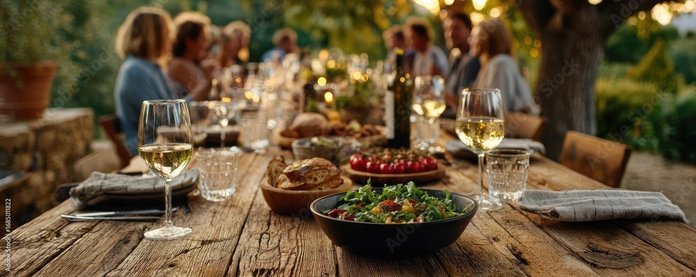 Fototapeta premium Friends laughing at outdoor dinner restaurant concept. A vibrant outdoor dining scene with delicious dishes served.