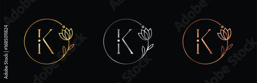 Elegant Gold, Silver & Rose Gold Letter K Monogram. Hand-Drawn Floral Icon for Wedding Invitations and Feminine Logos.
