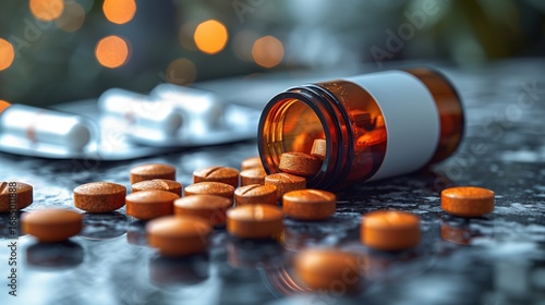 Antidepressant Death Awareness Month. medicine bottle with clear warning label in focus, educational pamphlets about medication safety spread nearby