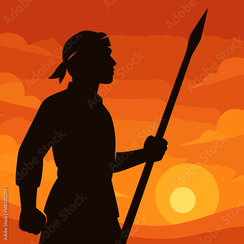 Hero Silhouette with Bamboo Spear Vector Illustration