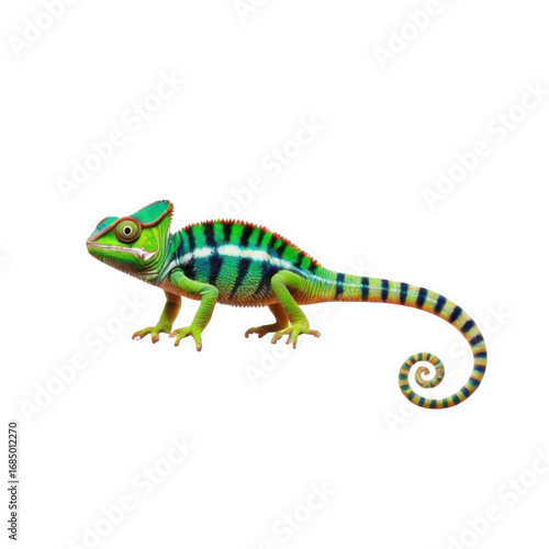 Green and Blue Striped Chameleon with Curled Tail on Transparent Background