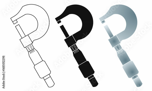Micrometer screw gauge icon set in outline, silhouette, and gradient styles. Precision measuring tool vector for engineering, mechanical, workshop, and technical design use.