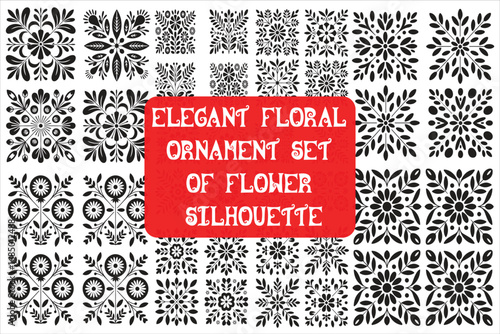 Elegant Floral Ornament in a timeless black and white style, featuring a beautiful collection of flower silhouettes.