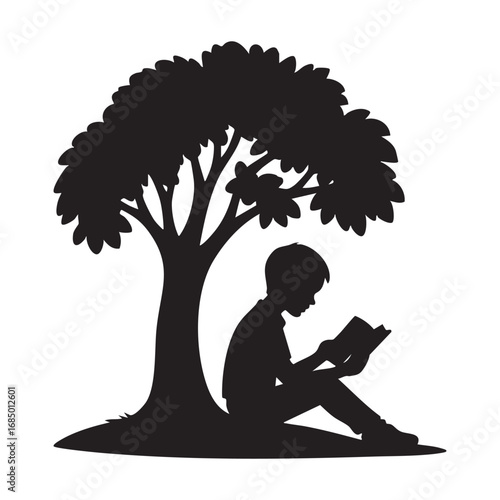 Silhouette of a tree vector with sitting a boy.