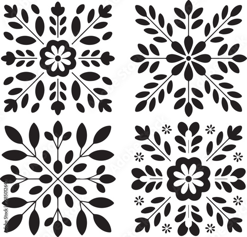 Elegant Floral Ornament in a timeless black and white style, featuring a beautiful collection of flower silhouettes.