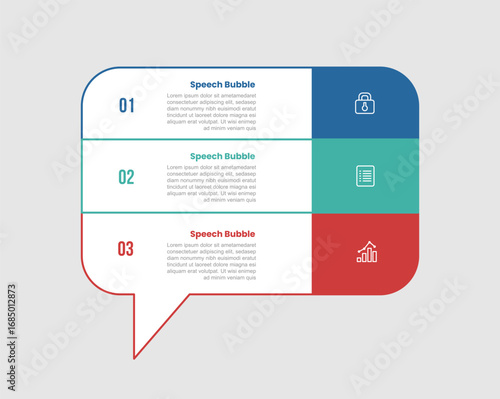 speech bubble shape infographic diagram with big box unite with stacked list vertical with 3 step for slide presentation