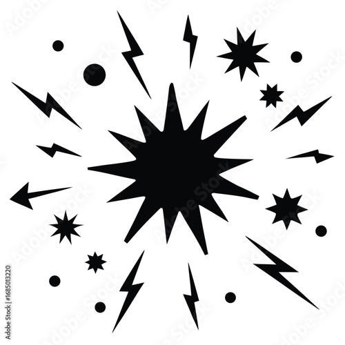 Black comic book explosion starbursts and lightning bolts