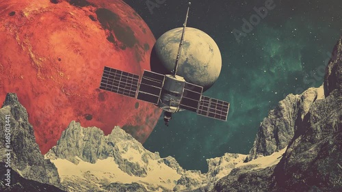 Space station orbiting planets with mountain range in foreground