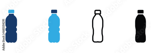 WebFour distinct bottle icons, featuring solid blue, vibrant blue, outline, and black silhouettes, representing hydration and beverage options.