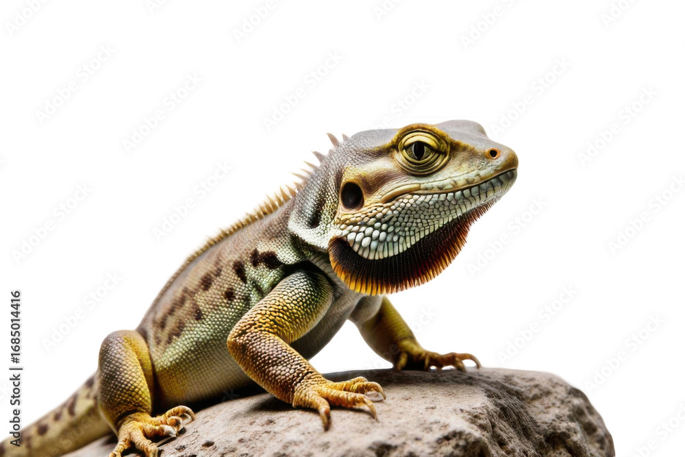 Obraz premium Yellow Brown Green Lizard on Rock Against White Background