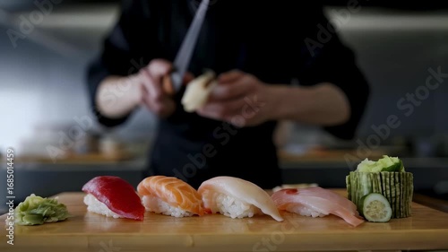 Asian man chef preparing sushi and slicing fish on a wooden board at a gourmet kitchen counter, close up footage.