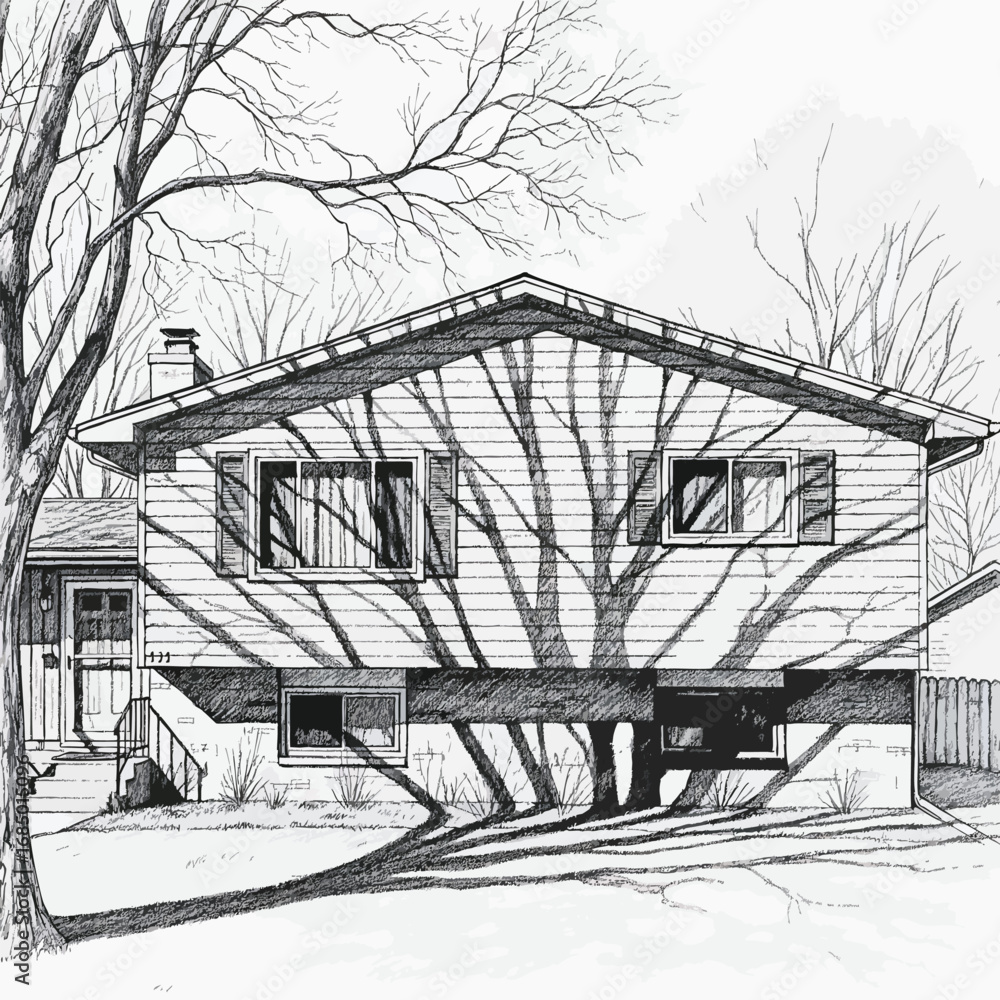 Fototapeta premium A detailed black and white sketch of a splitlevel suburban house with a prominent tree shadow cast across its facade.
