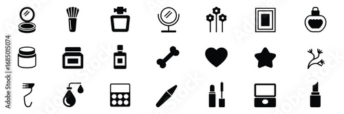 Beauty & Self-Care Icon Set – 24 Black Silhouette Symbols for Cosmetics, Skincare, and Personal Wellness