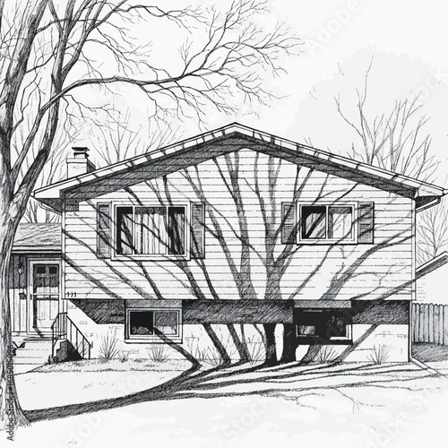 A detailed black and white sketch of a splitlevel suburban house with a prominent tree shadow cast across its facade.