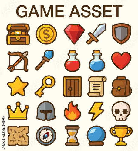 A colorful and detailed set of RPG (Role-Playing Game) vector icons designed for fantasy and adventure games.