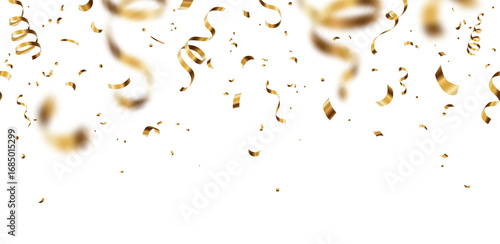 Gold confetti, serpentine ribbons vector background. Golden party festival banner with swirl streamers