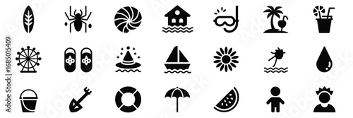 Ocean Adventure Icon Set – Black Silhouette Symbols for Marine Life, Sailing, and Nautical Themes