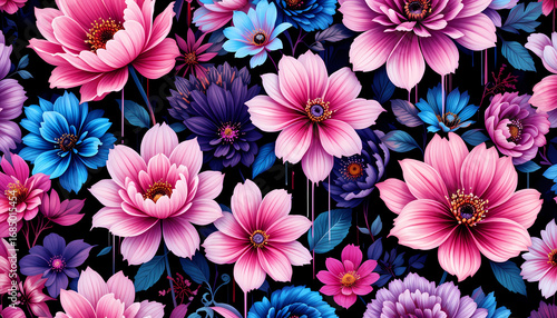 A vibrant and detailed floral pattern featuring pink, purple, and blue flowers with dark leaves against a black background.